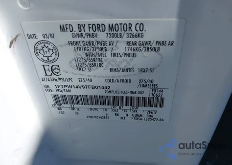 2007 Ford F-150 Fx4/Lariat/Xlt from USA, damaged, VIN 1FTPW14V97FB01442